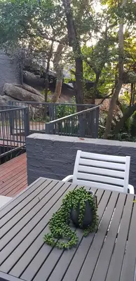 a plant sitting on top of a white bench at Forget me not Selfcatering Apartments in Nelspruit
