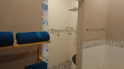 a bathroom with a shower with a blue towel at SVH Bush Lodge in Marloth Park