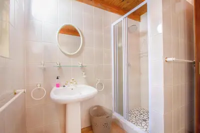 a bathroom with a sink and a shower at Inkwazi Place in Marloth Park
