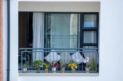 a window with plants and umbrellas on a balcony at The Blyde Riverwalk estate, Crystal Lagoon in Pretoria