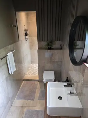 a bathroom with a sink and a toilet and a mirror at Migrate Portfolio in Dullstroom