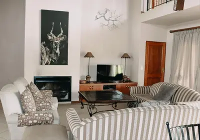 a living room with two couches and a fireplace at 119 Zebula in Mabula