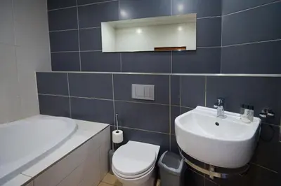 a bathroom with a white sink and a toilet at Tamboti Guest Lodge in Pretoria