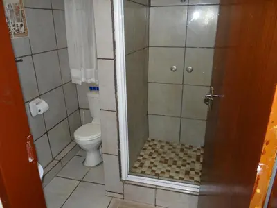 a bathroom with a shower and a toilet at Lephalale Guest House in Ellisras