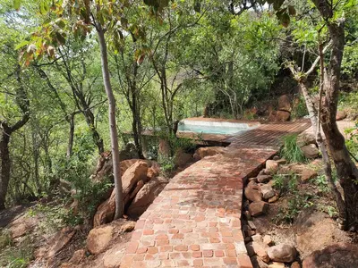 a bench sitting on a brick path in a forest at Rock Cottage, Bela-Bela in Bela-Bela