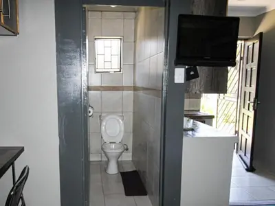 a bathroom with a toilet and a television at PW Heights Private Guest House in Thohoyandou