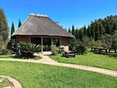 a hut with a grass roof with a picnic table at Tamarisk Guest Lodge in Benoni