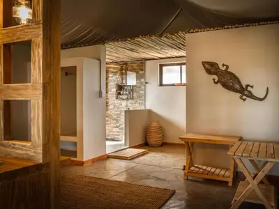a living room with a lizard on the wall at Imagine Africa Luxury Tented Camp in Balule Game Reserve