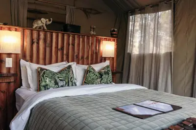 a bedroom with a large bed with a wooden headboard at Isambane Camp in Balule Game Reserve