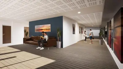 a rendering of a lobby with a woman sitting on a couch at MINT Resorts The Blyde in Pretoria