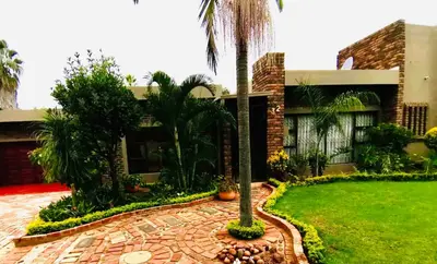 a house with a palm tree and a brick driveway at Erins Haven - Polokwane in Polokwane
