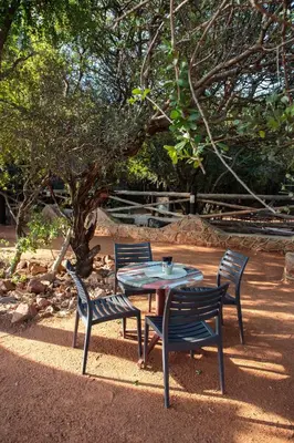 a table and four chairs with a table and a tree at Kwalata Game Lodge in Klipdrift