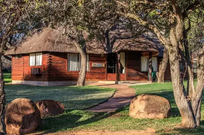 a log cabin with a thatched roof and some trees at Kwalata Game Lodge in Klipdrift