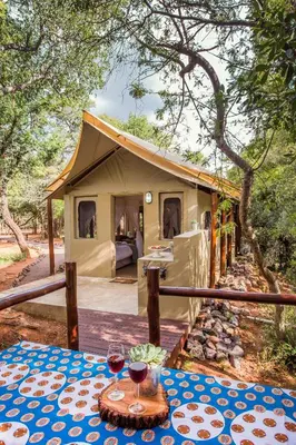a tent with a table with two glasses of wine at Zwartkloof Adventures Tented Camp in Bela-Bela