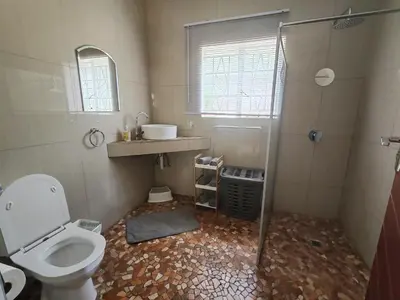 a small bathroom with a toilet and a shower at Ducks Nest in Malelane