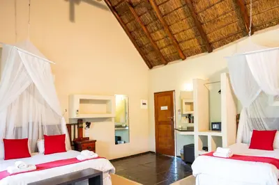 a bedroom with two beds with red pillows at Bushriver Lodge in Mica