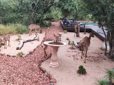 a group of fake animals standing around a fountain at Gem In The Bush Lodge in Hoedspruit