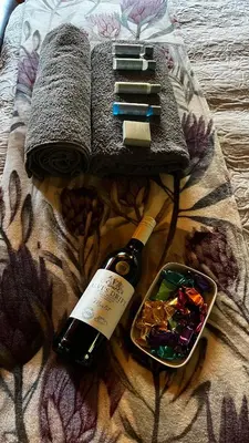 a bottle of wine next to a book and a container of crystals at Farm Vibes Guest House in Brits