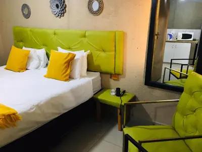 a bedroom with a bed and a mirror and a chair at Asante’s Guest House in Calcutta