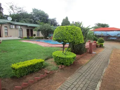 a garden with a small tree and a brick sidewalk at Lalamnandzi1 in White River