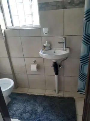 a bathroom with a sink and a toilet and a window at Ruros Guest House in Kempton Park