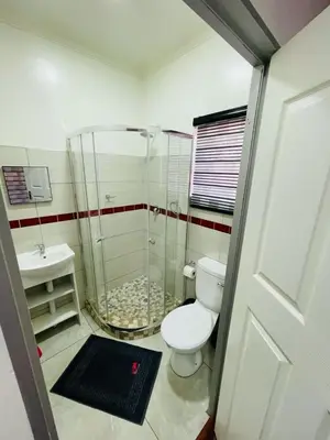 a bathroom with a shower and a toilet and a sink at Ithonsi Guesthouse in Kempton Park