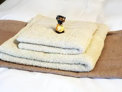 a pile of towels sitting on top of a bed at Rand Self-catering Accommodation in Carolina
