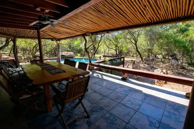 an outdoor patio with a table and chairs and a view of a zebra at Adventure Bush Villa in Marloth Park