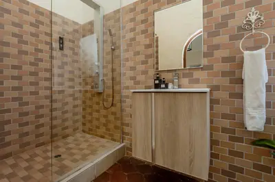 a bathroom with a shower with a sink and a shower at Airport Tower Lodge in Kempton Park