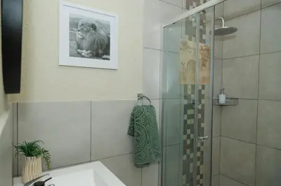a bathroom with a picture of a lion on the wall at Pumbaa Wildlife Park & Accommodation in Nelspruit