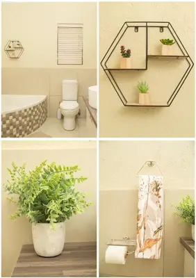 a collage of four pictures of a bathroom with plants at Pumbaa Wildlife Park & Accommodation in Nelspruit