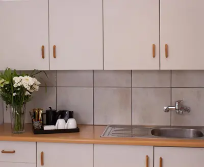 a kitchen counter with a sink and white cabinets at Cussonia Country Home in Tierpoort