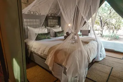 a bedroom with a bed with mosquito netting at Umkumbe Bush Lodge - Luxury Tented Camp in Sabi Sand Game Reserve