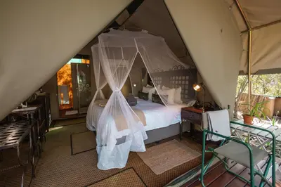 a bedroom with a canopy bed in a tent at Umkumbe Bush Lodge - Luxury Tented Camp in Sabi Sand Game Reserve