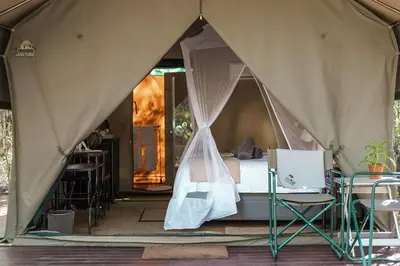 a bedroom in a tent with a bed and a chair at Umkumbe Bush Lodge - Luxury Tented Camp in Sabi Sand Game Reserve