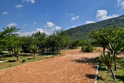 a dirt road with trees and mountains in the background at SleepOver Moria in Moria