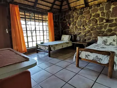 a room with two beds and a stone wall at Moletani Game Ranch in Kareefontein