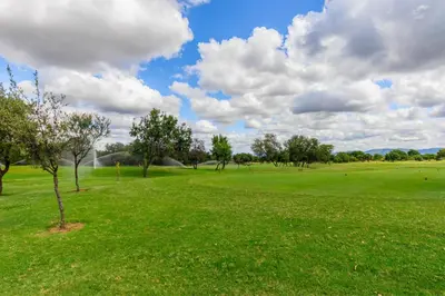 a green field with trees and a cloudy sky at Waterberg House at Zebula 8 adults and 4 kids in Mabula