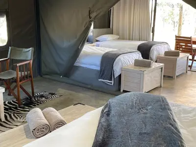 a bedroom with two beds and a tent at Newburg Lodge & Luxury Bush Tents, Elements Private Golf Reserve in Moheme