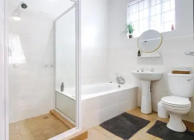 a bathroom with a shower and a toilet and a sink at The BeeKeeper's Inn in Louis Trichardt