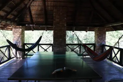 a table and two hammocks in a pavilion at Mellivora Lodge in Marloth Park