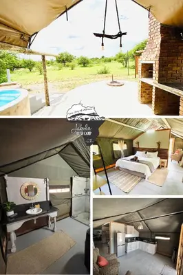 a collage of pictures of a bedroom and a tent at Jabula Bush Camp in Klipdrift