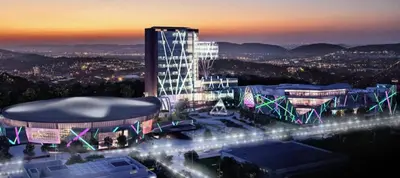 a rendering of a building at night with lights at Furnished, 1-bedroom, luxury apartment in Menlyn Maine in Pretoria