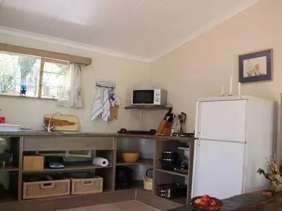 a kitchen with a white refrigerator and a microwave at Goederus Guest Farm in Sterkspruit