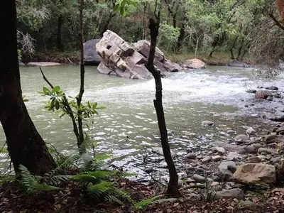 a river with rocks and trees in a forest at Goederus Guest Farm in Sterkspruit