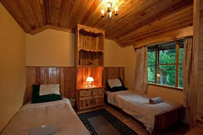 a bedroom with two beds in a room with wooden ceilings at Rainbow Lodge in Belfast