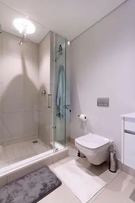 a white bathroom with a shower and a toilet at Alimama Spaces: The Fountain Hill Ellipse in Midrand