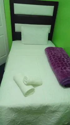 a bed with white sheets and purple pillows on it at The Croc Guest house in Springs