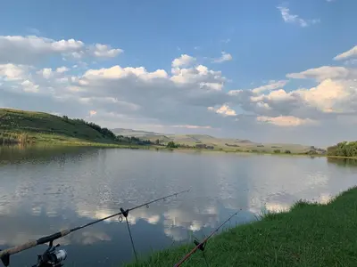 a man is holding a fishing rod on a lake at Glen Aden in Dullstroom