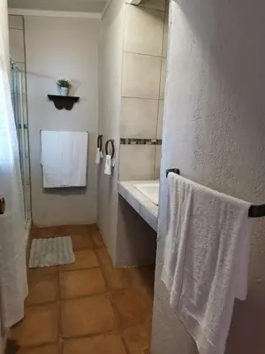 a bathroom with a sink and a shower with towels at Mia Hills guest house in Hartbeespoort